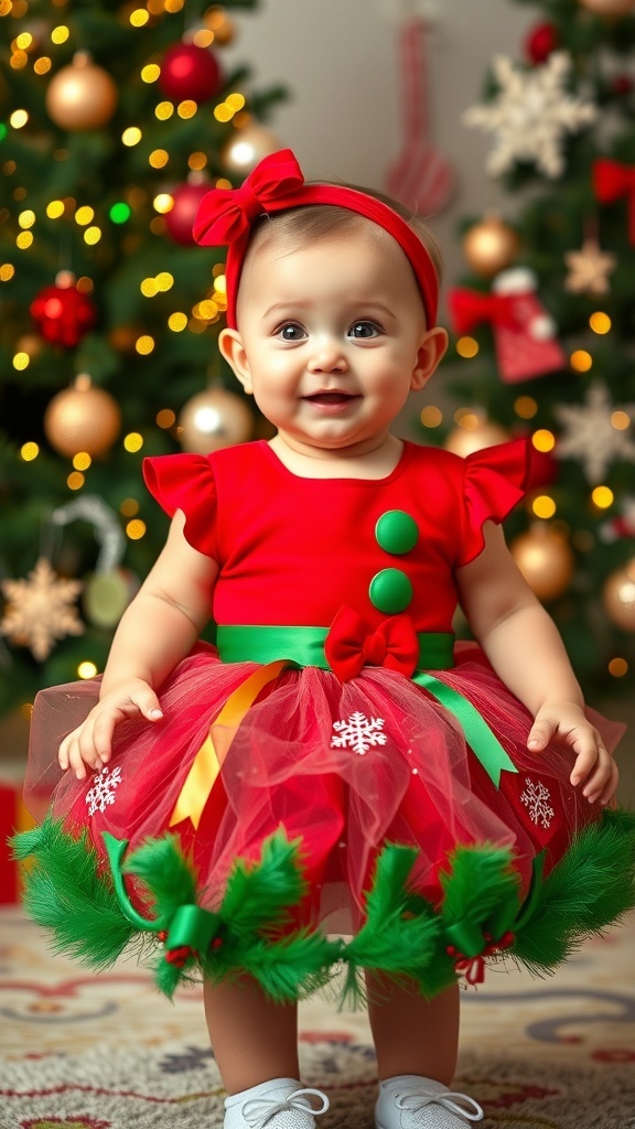 A baby girl in a Christmas dress by a decorated tree, smiling with holiday spirit.